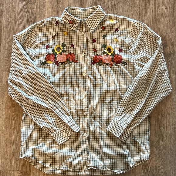 Vintage Pumpkin Patch Sunflower Fall Harvest Embroidered Button Front Shirt S 🌻 - Picture 4 of 11